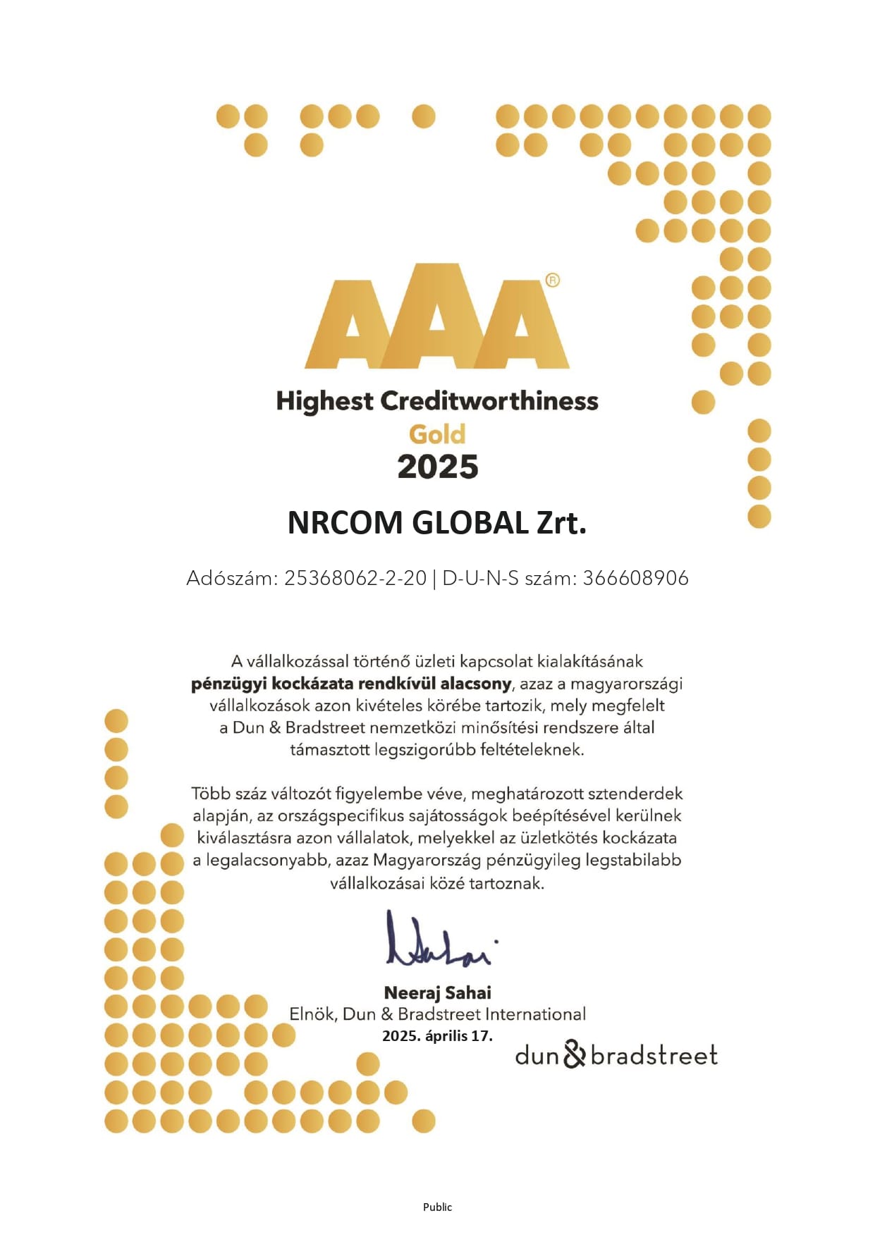 Highes Creditworthiness tanusítvány 2025