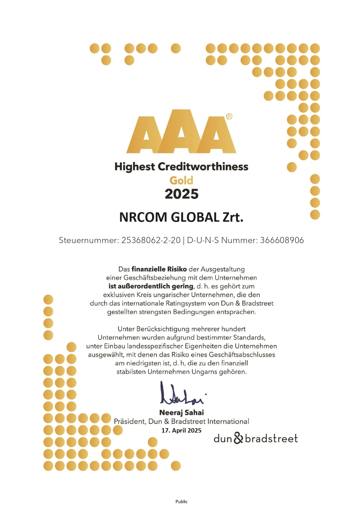 Highest Creditworthiness Gold Certificate